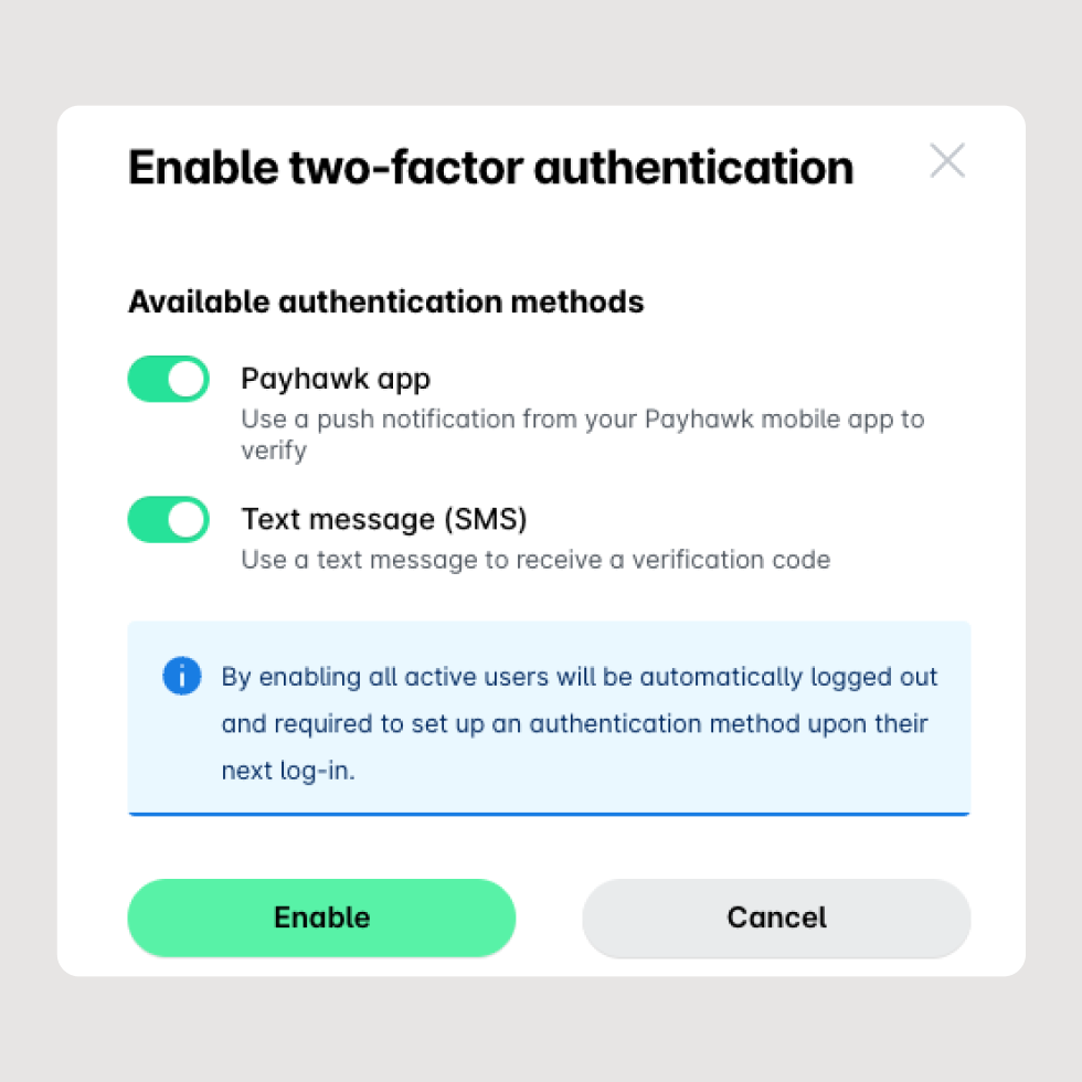 Payhawk's geautomatiseerde 2FA (tweefactorauthenticatie) ingeschakeld vanaf het dashboard